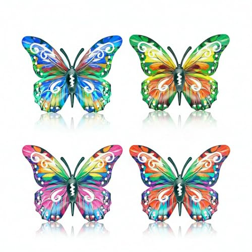 Zyomiol 4 PCS Colorful Butterfly Garden Wall Art Decor Outdoor, Rustproof Wrought Iron Wall Sculptures Fence Ornaments, Hanging Metal Butterfly Decorations for Backyard Balcony Indoor Living Room