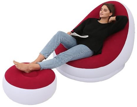 Luftsofa-Stuhl, Beflocktes PVC, Faltbar, Langlebig, Bequem, Aufblasbarer Stuhl mit Fußhocker für Camping (Rot)
