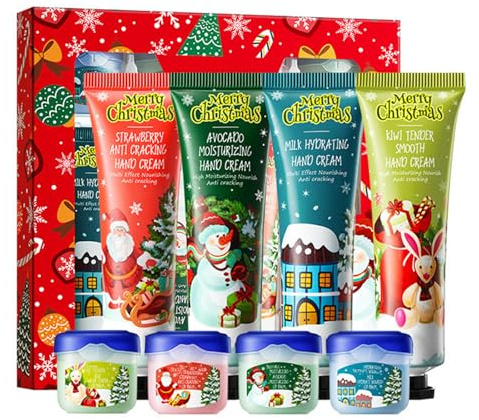 Christmas Hand Cream & Lip Balm Sets - 4Pcs Mini Hand Creams and 4Pcs Lip balm Travel Size - Xmas Hand Cream Gift for Women - Christmas Stocking Stuffers with Hydration for Lips and Hands