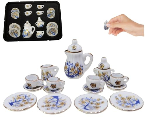 Tiny Tea Set 15PCS Juego de té en Miniatura a Escala 1:12 Mini Tazas de Porcelana Platos de Tetera Patrón de caléndula Casa de muñecas para casa de muñecas Cocina Estilo 2 Tiny, Miniature, Mini S