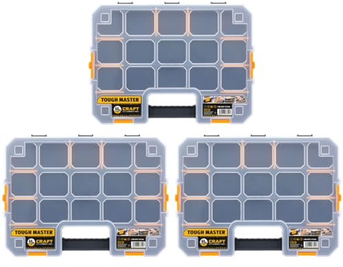 Stackable Storage Organiser 17 Inch Large With Transparent Lid, Adjustable Compartments, Strong Portable Toolbox For Screws Nuts Tools Small Parts TOUGH MASTER (Pack of 3)