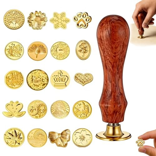 FMPXYYA Vintage Siegelstempel-Set mit 20 verschiedenen Wachs-Siegeln und Holzgriff, ideal für Briefumschläge, Einladungen, Geschenkverpackungen und DIY-Projekte