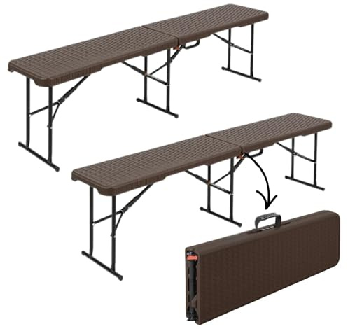 Floordirekt juego de 2 bancos plegables para cerveza con aspecto de ratán, 8 personas, 183 cm, banco plegable de plástico, banco de camping, juego de bancos de cerveza, banco de jardín negro Kagawa