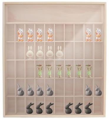 DAHAD Sammlervitrine, Wandvitrine, Wandregal für Kinderzimmer, Schaukasten mit um 180° drehbaren transparenten Acryltüren, 50 Fächer, Vitrine für Modell, Puppen, Kunsthandwerk
