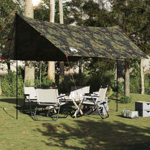 Tarp Camouflage Pattern 462 x 306 x 211 cm, Waterproof Polyester with PU Coating, Camping Tarpaulin with Poles & Carry Bag for Outdoor Trekking