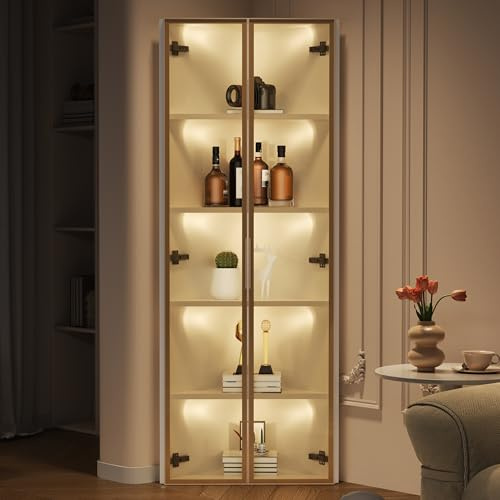 LED-Glasvitrine 62 x 35 x 160 cm – Weiß, mit integriertem Lichtband, staubdichte Vitrine, aus gehärtetem Glas gefertigt, Eckvitrine,Elegante Glasvitrine– Vitrine, Bücherregal, Weinschrank.