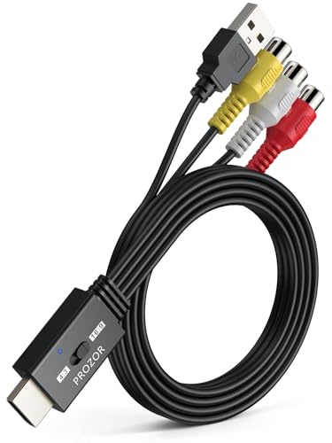 PROZOR Conversor RCA a HDMI 1080P Adaptador AV a HDMI CVBS a HDMI con Cable Integrado 60cm Conmutador 4:3 16:9 Convertidor Video Compuesto Compatible con Wii PS2 N64 VHS VCR DVD Plug and Play