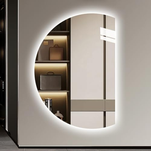 Aenmezen Specchio da Bagno a Mezzaluna da Parete, Specchio Illuminato Moderno Senza Cornice, 3 Colori Dimmerabile, per Soggiorno, Bagno, Camera da Letto, Ingresso(Right cut,100 * 70cm)