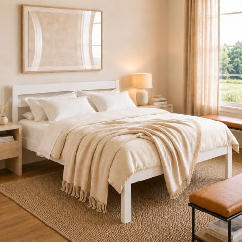ESTADESIGN Standard Doppelbett – Hohes Holzbett 180x200 cm (Weiß), ohne Lattenrost – Massivholzbett mit Kopfteil I Birkenholz I FSC®-Zertifiziert | Skandinavisches Design | Emissionsarm