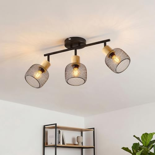 ANWIO Deckenlampe-Deckenstrahler 3 Flammig Schwarz mit Holzakzent – Schlafzimmer Deckenlampe E14 Käfig-Design – Schwenkbare Spotleuchte für Küche, Wohnzimmer & Schlafzimmer (Ohne Leuchtmittel)