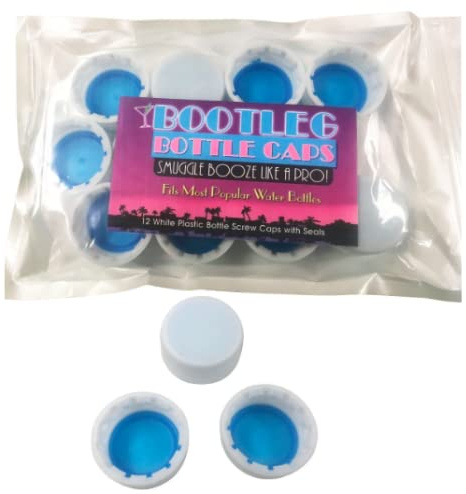 Bootleg Bottle Caps. Sneak, Smuggle and Hide Alcohol as Bottled Water. 12-Pack White 28mm Bottled Water Twist Caps. Leak Free.