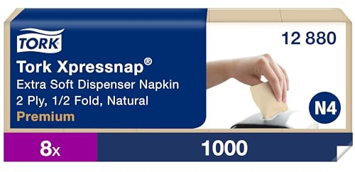Tork Xpressnap Extra Soft Napkin per Dispenser N4, 8 x 1000 pezzi, 12880 | Natural, Premium, piegato 1/2, 2 veli, 21 cm x 17 cm