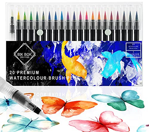 Bik bok Creations 20 Watercolour Brush Pens Set – Real Nylon Tips, Water-Based Ink, Includes Refillable Blending Brush – Ideal for Colouring, Calligraphy, Journaling & Art Projects