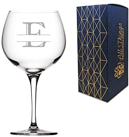 Personalised Engraved Novelty Initial and Name Juniper Cocktail/Gin Glass, Letter E, Personalise with Any Name, Presented in a Quality Gift Box, Perfect for Any Occasion