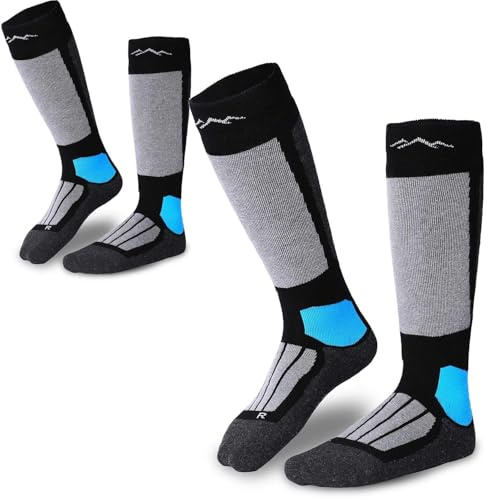 gipfelsport Chaussettes de ski en laine mérinos, hauteur genou – Taille 42–44, Noir, Lot de 2 paires – Homme, Femme, Enfant – chaudes et rembourrées pour ski et snowboard