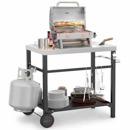 onlyfire Movable Stainless Steel Dining Cart Table, Pizza Oven Table with Propane Tank Holder, Heavy Duty Utility Cart on Wheels for Outdoor Kitchen, BBQ Grill, Patio, 33.6” x 21.7” Workstation