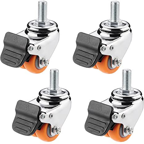 YHBZ Roues à roulettes Doubles en Caoutchouc,Roulette à Tige filetée M12,roulettes pivotantes Robustes de Remplacement,(4 pièces) Silencieux et Résistantes,4brakes-1.5IN