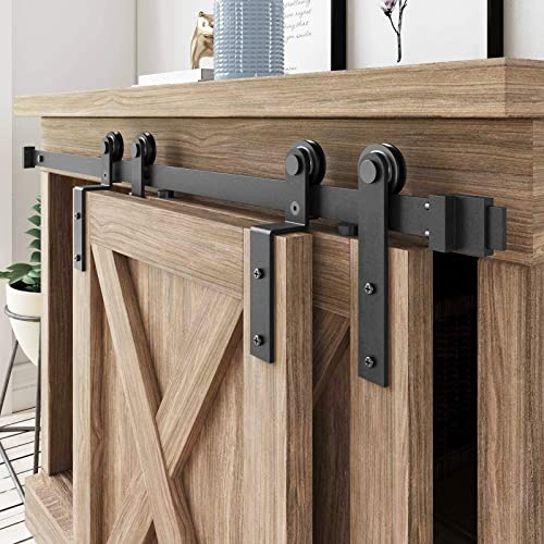 FREDBECK Mini porte de grange de 1,8 m - Kit de quincaillerie pour porte de grange coulissante - 183 cm - Pour portes doubles de rangement, placard, fenêtre, meuble TV, armoire (sans armoire)
