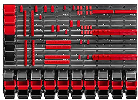 KADAX Lot de 80 Étagère murale d'atelier, 116 x 78 cm, système de stockage en plastique robuste, étagère d'atelier résistante aux UV, plaques murales extensibles, étagère pour garage, (rouge et noir)
