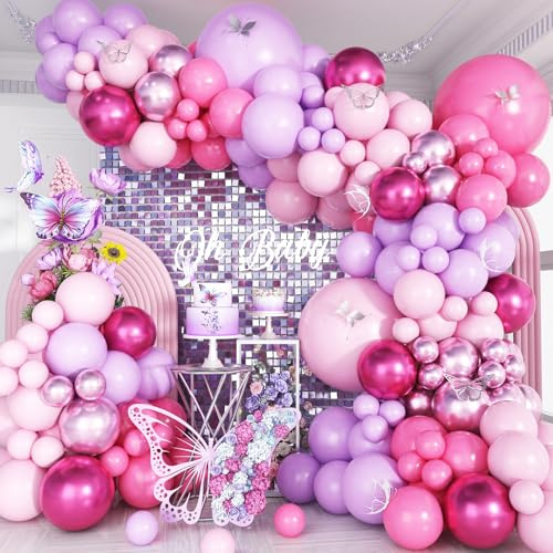 Jobkoo Pink and Purple Balloon Garland Kit, Dusty Light Pink Lilac Lavender Balloon Arch Double Stuffed Metallic Purple Latex Balloons for Singer Themed Butterfly Girls Birthday Party Decorations