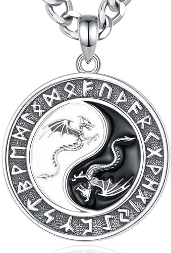 INFUSEU Yin Yang Drachen Kette, 925 Sterling Silber Yin und Yang Anhänger Huang Aobao Guan Yin Schmuck Wikinger Freundschaft Halsketten Schmuck Geschenke für Männer Frauen