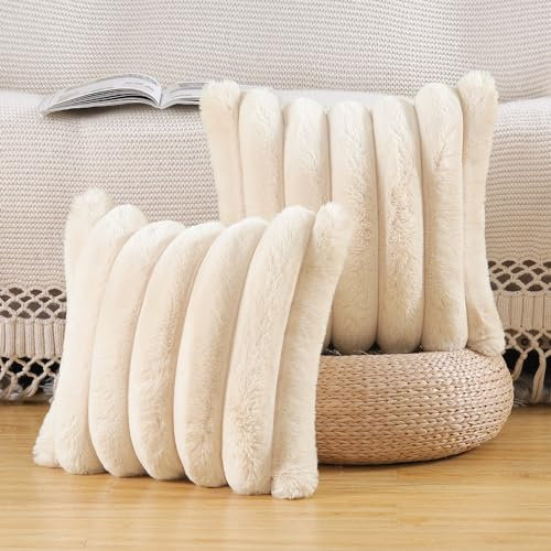 Madizz Plush Faux Fur Throw Pillow Covers 16x16 inch, 40x40 cm Beige Set of 2 Fluffy Striped Soft Decorative Cushion Cover for Sofa Bedroom Pillow Shell