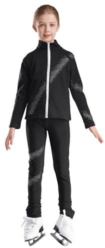 inhzoy Kinder Eiskunstlauf Anzug Mädchen Glitzer Eislaufen Jacke Hose Set Professionelle Eislaufen Trainingsoutfit Kinder Sport Outfit Performance Tanzkleidung Schwarz_A 134-140