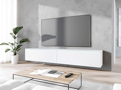 MINIO go for it - TV Schrank Donna Breite 180 cm Lowboard mit LED | Stehend oder Hängend, Fernsehschrank für das Wohnzimmer, Laminierte Spannplatte, Weiss / Herringbone Muster