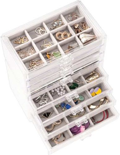 ProCase Boîte à Bijoux Transparente, 8 Plateaux Bijoux Tiroir, avec Séparateurs Amovibles, Rangement Bijoux Tiroir Acrylique, Range Boucles d’Oreille Bagues Colliers Bracelets - Gris