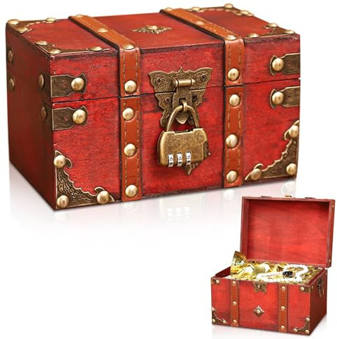 WANDGU Coffre au trésor vintage avec serrure à combinaison : petit coffre au trésor de pirate, boîte à bijoux avec couvercle coffre au trésor anniversaire d'enfant, tirelire avec serrure, cadeau fait