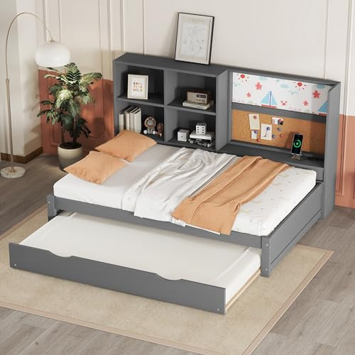 Zravenna Ausziehbaresbett 90x200 cm, Bett Ausziehbar zum doppelbett 180x200 cm, Tragfähigkeit 120 kg, Tagesbett Schlafsofa mit mehrere Staufächer und Zeichenbrett (Grau)