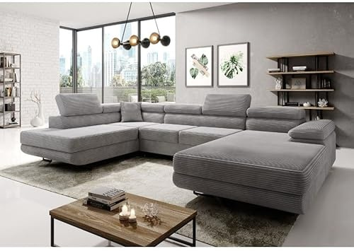 Easy4You Grau Ecksofa Varberg Kord in U-Form 345 x 72 x 205 cm mit Schlaffunktion und Bettzeugbehälter - Schlafsofa mit Bettkasten - Links - Eckcouch mit Stauraum - Stoff: Kord