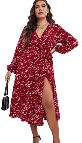 LIAMERHE Grande Taille Robe Femme Manches Longues Col V Elegant Robes Automne Maxirobe de Vacances Hiver A-Line Casual Rouge 4XL