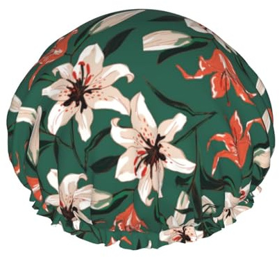 Hair Cap for Shower - Lilies Flowers Green Double Layer Shower Cap Reusable Water-resistant, Large Shower Cap for Women, Hair Cap for Shower with Peva Lining and Elastic Rope