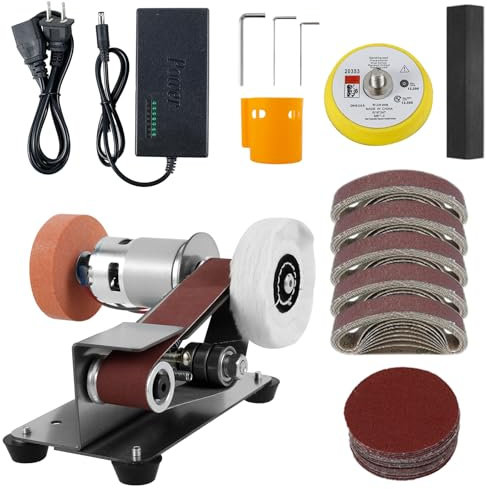Electric Belt Grinder, Portable Bench Sander with 20 Sanding Belts, 15 Degrees Slope Angle/7 Adjustable Speed/ 4000-9000R/min, Compact Belt Sander, for DIY/Knife Making/Metal/Polishing