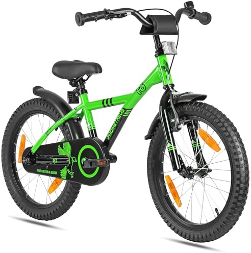 PROMETHEUS BICYCLES Kinderfahrrad 18 Zoll Jungen ab 6 Jahre - Kinder Fahrrad 18 Zoll Junge Mädchen Fahrrad Kinder mit Rücktrittbremse Fahrradständer in Grün Schwarz