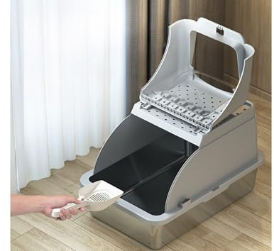 Kattlåda – kattlåda XXL premium – rostfritt stål med lock – stor främre öppning – kattlåda med spade B x L x H: 62 x 41 x 40 cm