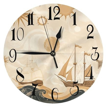 Kaifanee Orologio da parete a batteria, 25,4 cm, elementi nautici, navi senza ticchettio, orologio silenzioso da appendere, orologio da scrivania per soggiorno, camera da letto