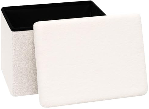 PINPLUS Faltbarer Bouclé Sitzhocker mit Stauraum, 42x32x32 cm, Cremeweiß | gepolsterter Hocker mit Deckel, Fußhocker & Aufbewahrungsbox, platzsparend, für Wohnzimmer, Schlafzimmer, Flur