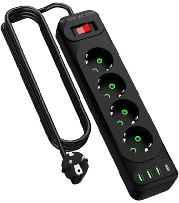 8-in-1 Steckdosenleiste 4 EU-Steckdosen und 4 USB-Ports 10A 2500W | mit 2m Kabel & Schalter 3 USB-A & 1 USB-C 5V-2.1A, 10A 2500W–Perfekt für Küche, Bad & Wohnheim