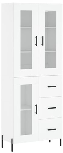 Modern Grey Pine and Oak Brown Plywood High Sideboard Space Saving Storage Unit for Living Room or Kitchen Contemporary Cabinet with Drawers 69.5 cm Wide (White)