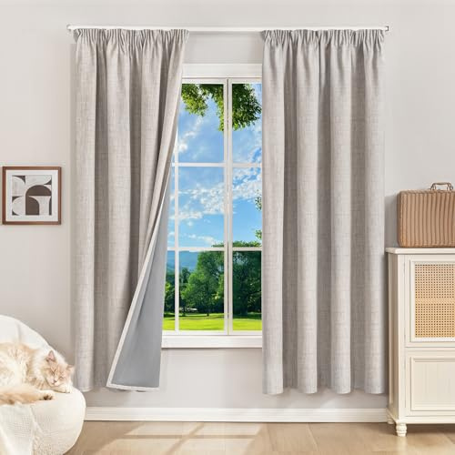 Runyéla 100% Verdunklungsvorhänge Thermovorhänge Kälteschutz Gardinen mit Kräuselband 180 x 120 cm (HxB) 2er Set Leinenoptik Vorhänge Blickdicht Grauweiß, Schiebegardinen Wohnzimmer Curtain