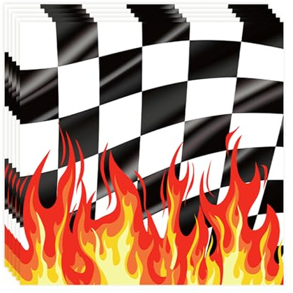 ParPix 20 Stück Schwarz Weiß Karierter Servietten, 33x33cm Rennwagen Serviettens, Feuer Rennauto Geburtstag Servietten, Kind Geburtstagsparty Papierservietten, Racing Geburtstag Party Servietten