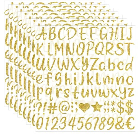 RUISPEED 648 Stück Gold Glitzer Buchstaben Aufkleber, 1 Zoll Selbstklebend Wetterfest Vinyl ABC Letter Sticker, ideal für Schultüte Postfach Schilder DIY Bastelprojekte (8 Blatt Gold)