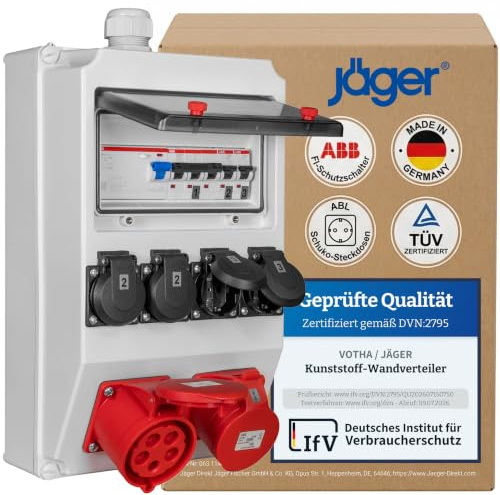 JÄGER Wandverteiler, Verteilerkasten Aufputz, Starkstrom Verteiler, Baustromverteiler, fertig Verdrahtet mit ABB FI & LS, 2x CEE 16A / 32A 400V, 4x Steckdose 16A 230V, VOTHA Wolfsburg, Made in Germany