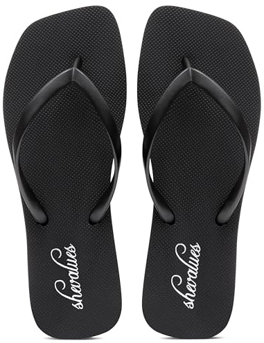 shevalues Women's Slim Square Toe Flip Flops Comfortable Summer Rubber Thong Sandals for Beach, Shower & Pool, Black, EU39