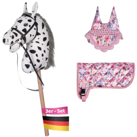 HobbyHorse24 Hobby Horse Set Weiß gescheckt mit Flower Decke und Flower Fliegenhaube, Steckenpferd für Kinder, Stockpferd mit Zubehör