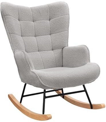 ADWOLT Gungstol, gungstol, amningsstol, relaxstol, vadderad fåtölj, vardagsrumfåtölj, läsefåtölj med träskenor, armstöd för vardagsrum, sovrum, babyrum, ljusgrå