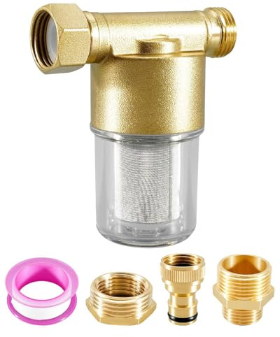 40 Micron Brass Sediment Filter, Inline Spin Down Sediment Water Filter for Washing Machine Heater Camping RV Garden, Reusable Garden Hose Filter with Pipe Sealant Tape, Anti Scale and Clogging