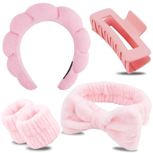 Cossaot 5 Stück Rosa Make up Haarband Set, Schmink Haarband | Mit Haarband, Haarreif, Haarklammer und 2 Waschbändern, Ideal Für Schminken, Gesichtspflege, Dusche, Spa und Alltag